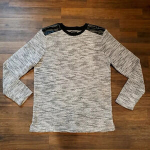 Mens Sweater Large Gray Pullover Faux Leather M